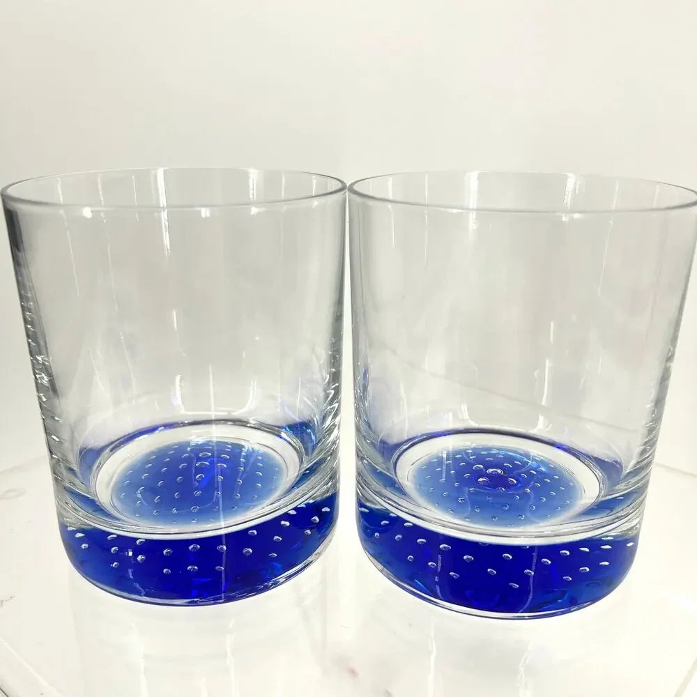 2 American Atelier Old Fashioned Rocks Cobalt Blue Controlled Bubble Glasses